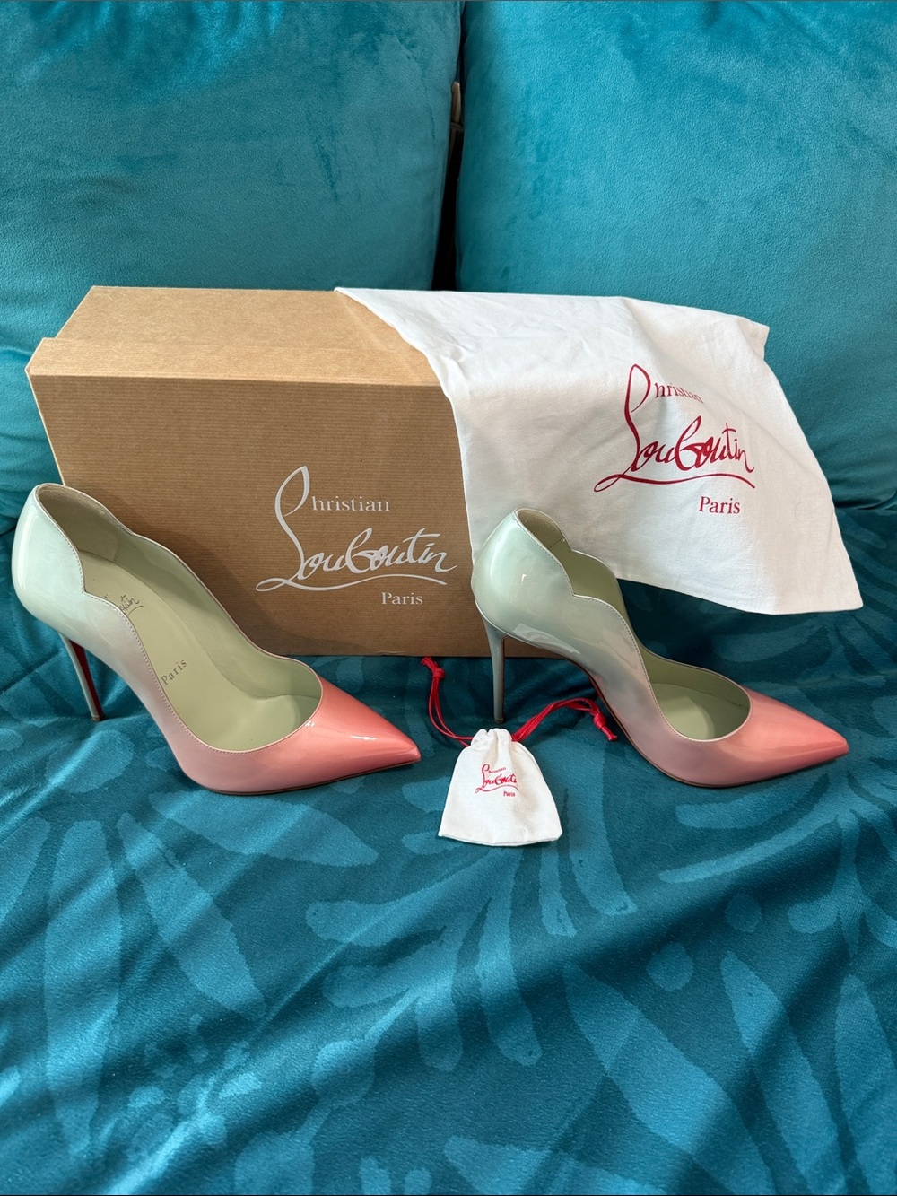 Christian Louboutin Ombre Salmon to Green Patent Leather ‘ Hot Chick ‘ pumps.